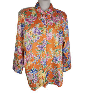 Lauren Ralph Lauren Womens Shirt Large Orange Floral Cotton Button Up 3/4 Sleeve